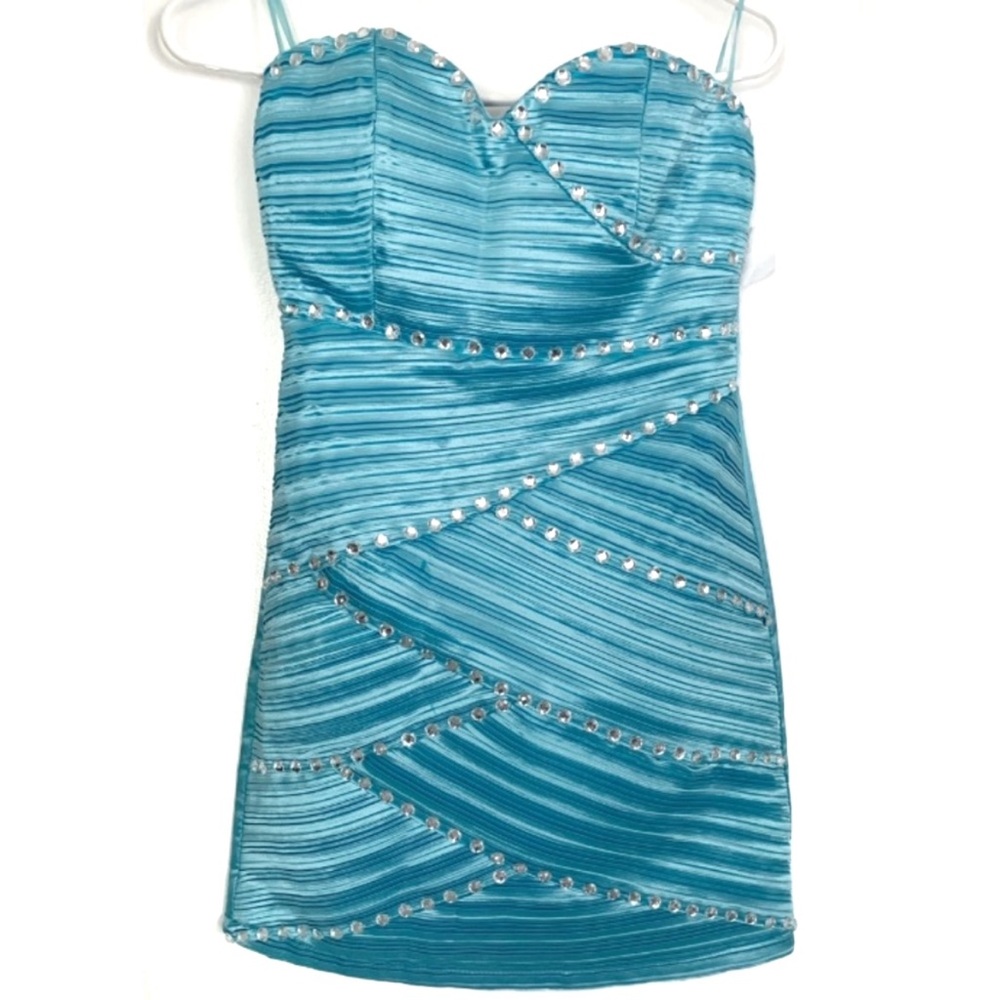 Shiny Light Blue Rhinestone Strapless Cocktail Dress Sweetheart Satin Formal M
